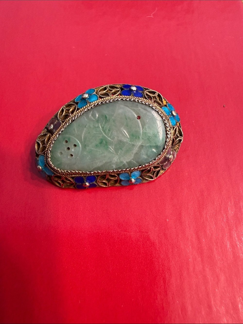 Antique-Style Green Jade and Blue Enamel Floral Brooch